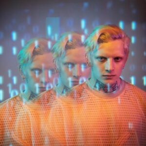 Innovative portrait of a person with blonde hair and binary code overlay. Digital art effect with triple exposure.